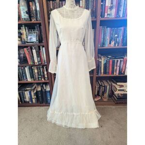 Vintage 70s Cottage Core Swiss Dot Ivory Maxi Gown Dress Women's Size Large